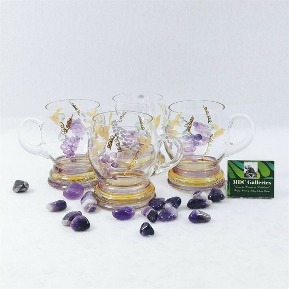 Glass Mugs Set With Etched and Handpainted Grape Leaf Motif Set of 4 - Picture 5 of 5